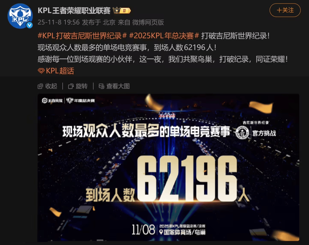 2025KPL年度总决赛62196人打破纪录！冯骥：去年全球最赚钱TOP10游戏有4款国产